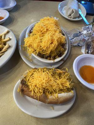 vegetarian chili cheese dog and a 5 way