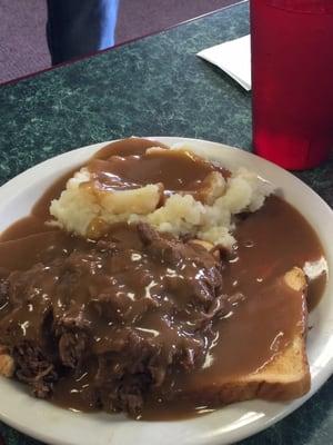 Open Face beef sandwich with homemade mashed potatoes-beef was very tender