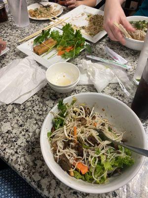 Vermicelli Bowl, egg rolls, chicken fried rice and small pho!