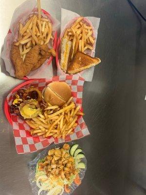 Grilled Sanibel Chicken Salad, Texas Burger, Kid's Grilled Cheese Sandwich, Kid's Chicken Strips