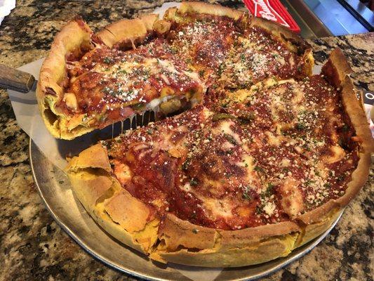 Deep dish with pepperoni, sausage, capicola and Italian peppers