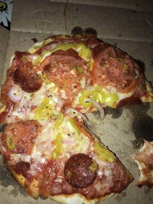 Pepperoni, banana peppers, red onion, and tomatoes!