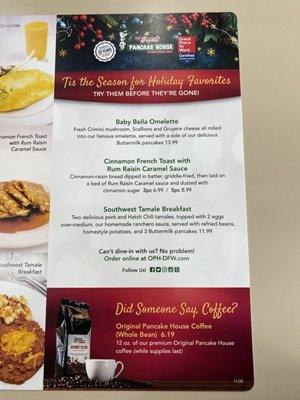 Holiday menu