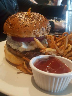 Lamb burger. Taziki, feta and red onions.