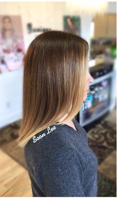 Chocolate color with smoothing to lighten up around the face. Hair by Soon Lee