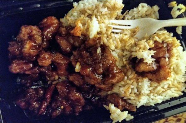 Bourbon chicken with fried rice.