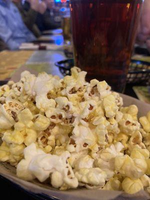 Freshly popped popcorn and Alaskan amber beer