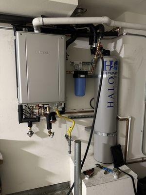 Completed Project photo of Tankless water hear and Halo H2 ultimate whole house water filtration install.