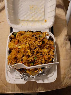 Top down view of the Pineapple Fried Rice with Chicken (fork is for scale)