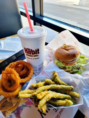 A meal fit for champions. Ahi tuna sandwich,  tempura green beans, onion rings, and, of course, a diet coke. Enjoy!