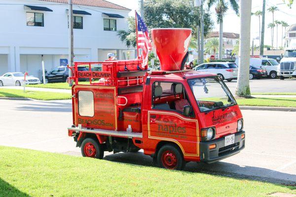 The old fire truck that is now used for deliveries.