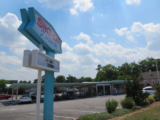 View of sign and restaurant