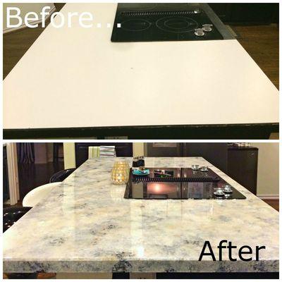 Counter to epoxy overlay Marble effect with pearl white and metallic grey