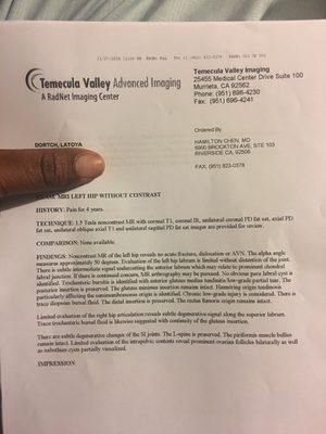 I jest received these results showing a tear only because Dr Kym informed me feb 8 2017 even though Dr. Chen received then Nov 27....