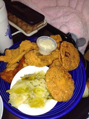 Fried Green tomatoes, fried catfish, cabbage and hush puppies