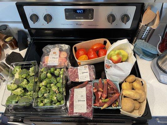 Brussel/broccoli -Ada's Heritage Farm Ribeye beef medallion -Dayspring Farm Potatoes/ okra/ Sequatchie Cove  Wheeler's Orchard and Vineyard