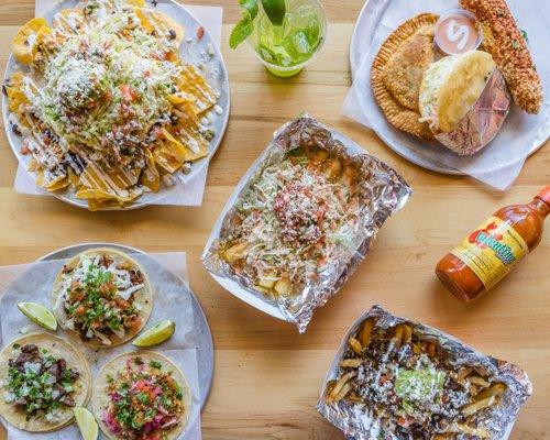 Tacos, Nachos, Yuca Sabroso, Carne Asada Fries, Arepa & Empanada