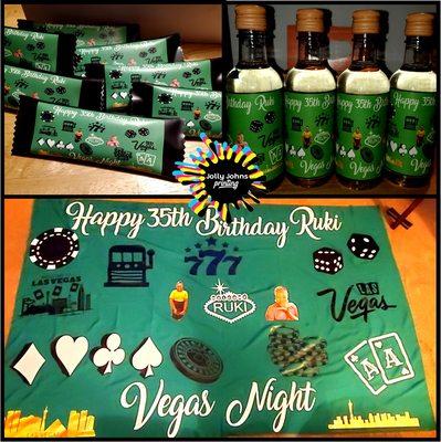 Casino Birthday Backdrop  60 X 90, Wrapped Wine Bottles, & Wrapped Twix Candy Bars