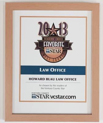 2013 Ventura County Readers' Choice (West County) Favorite Law Office Award