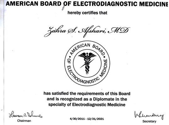 Board Certified in Electrodiagnostic Medicine (EMG)