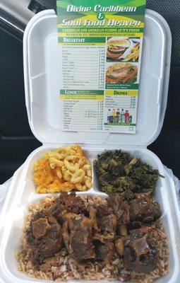 Oxtails on rice & peas, sides: macaroni & cheese and collard greens