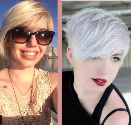 Before and after of a lavender pixie