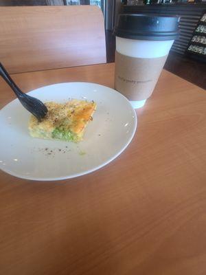 Broccoli quiche and a 12 Oz latte.