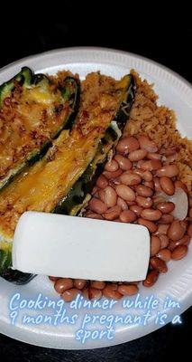 Stuffed chicken poblanos with pinto beans, Spanish Rice & a slice of Mexican cheese ( private event )