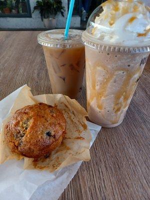 Good stuff here! My poetchino, iced coffee and blueberry muffin.