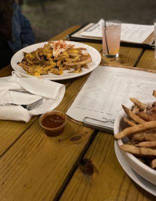 Loaded fries and lavender cocktail