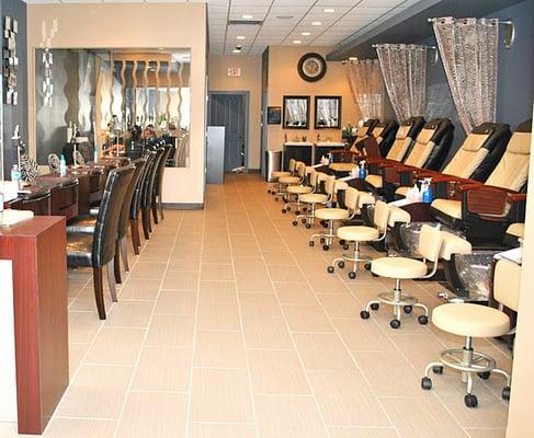 There are 5 manicure stations, 4 acrylic stations in a separate well-ventilated room, and a private room for waxing