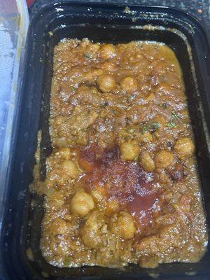 Chick peas heavy in the oil but delicious.