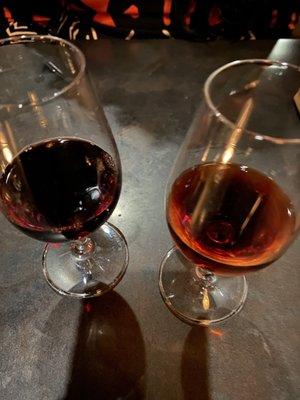 Gonzalez Gonzales Byass Cream Sherry '1847' Oloroso on the left and Ramos Pinto Ruby Port on the right