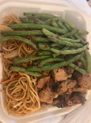 Green bends, teriyaki, chow mein