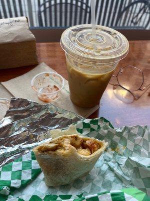 Green Chile burrito with oat milk cold brew