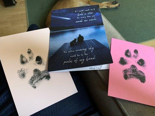 A sympathy card and our josie's paw prints