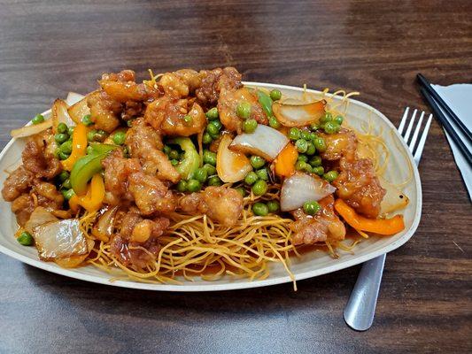 Pan fried noodles with chicken, peas, onions, bell peppers and sweet and sour sauce (special order, thank you!)