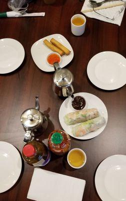 Appetizers of deep fried rolls (above) and shrimp rolls (lower).