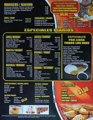 Page 4 of the full menu for the Hialeah Latin American restaurant in Hialeah Fl showing Daily Specials, seafood options, deserts and drinks.