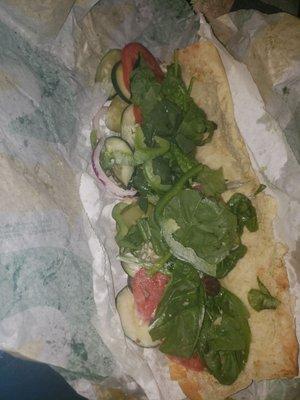 My Turkey,Bacon and Avocado sub that the "Sandwich Artist" took up himself to turn into a Veggie Delight.