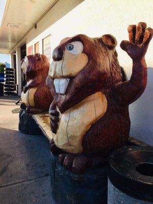 Beaver bench outside the Beaver Shell gas stations and convenience store.