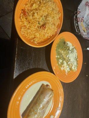 Chimichanga, enchilada, rice