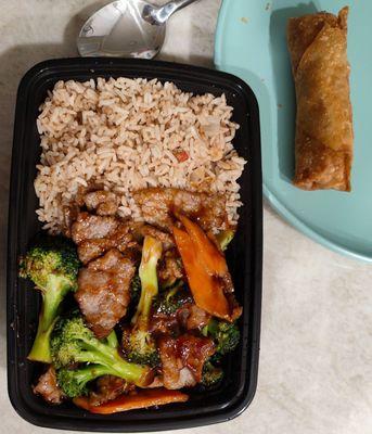 Beef with Broccoli and egg roll Combo.