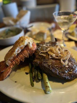 20oz ribeye. South African, sweet lobster tail, potatoes, and asparagus