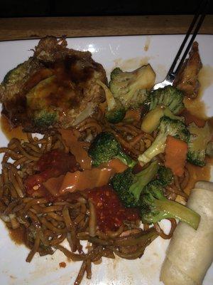 Shrimp lo mein, egg foo young, shrimp roll and shrimp w/broccoli.