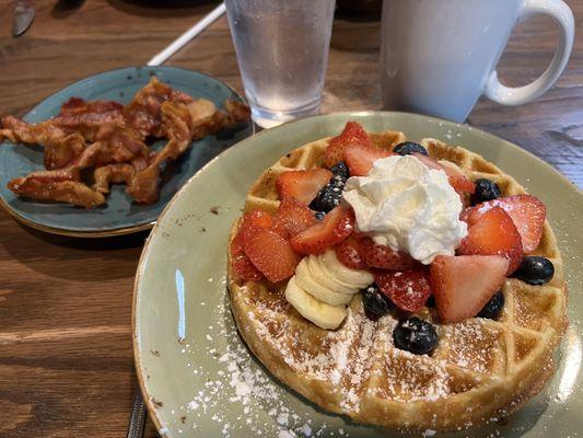 Red, White & Blue Waffle with a side of crisp bacon