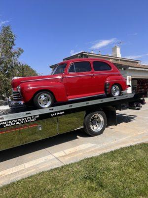 1946 restored Ford with a problem overheating. Towed this from Carlsbad to Jurupa Valley.