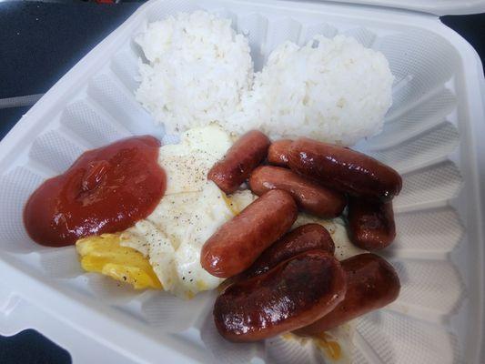 Smokies, eggs, & rice for $8.50