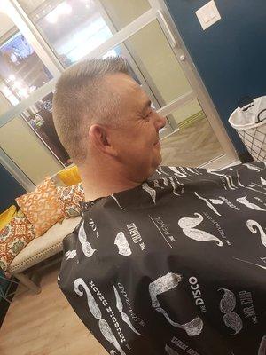 haircut, wash/scalp massage, hot towel neck shave