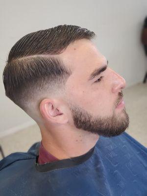 Comb over fade w hard part and beard trim